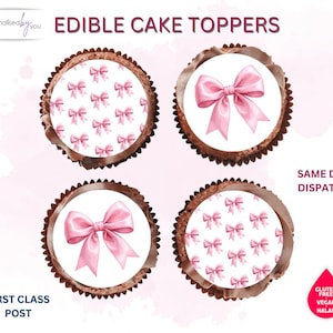 May include: Four edible cake toppers featuring pink bow designs. The toppers have a white background with either a pattern of small pink bows or a single large pink bow. The edges are a dark brown colour. The image includes the text "Edible Cake Toppers".
