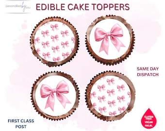 EDIBLE Cupcake Cake Toppers Pink Bow Bows Theme Printed Icing 2" FREE DELIVERY