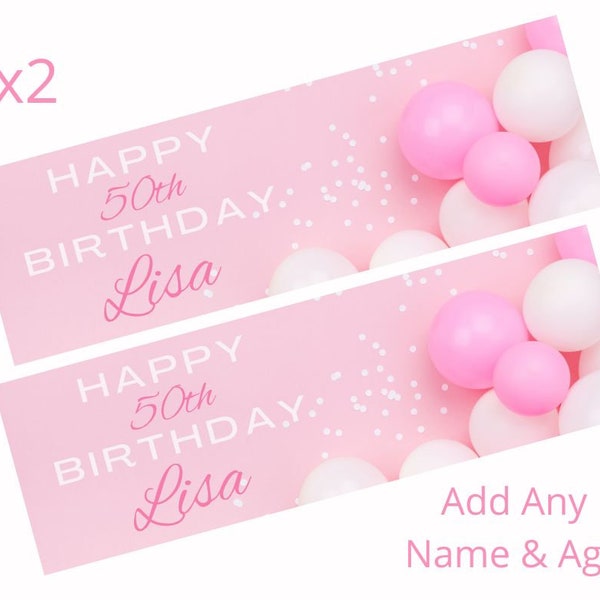 2 x Personalised Happy Birthday Banner LARGE Pink & White Party Poster Free Delivery