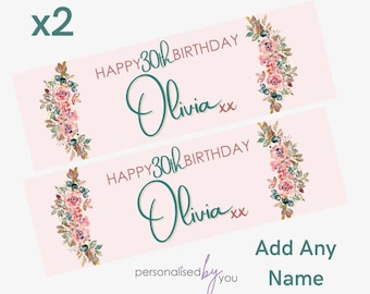 2 x Personalised Birthday Banners Large SAGE Flowers Add Name & Age Free Delivery