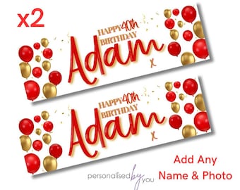 2 x Personalised Birthday Banners Large Gold & Red Add Name Age Free Delivery