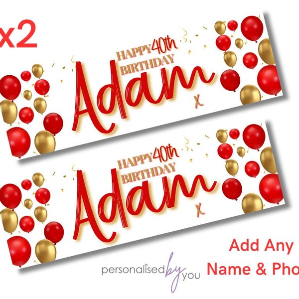 2 x Personalised Birthday Banners Large Gold & Red Add Name Age Free Delivery
