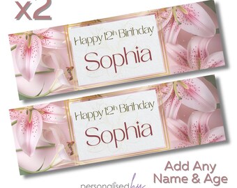 2 x Personalised Happy Birthday Banners Large Lily Flowers Green Leaves Add Name & Age Free Delivery