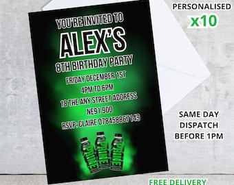 10 x Personalised PRINTED Prime Drink Glowberry Theme Party Invitations Invites FREE DELIVERY