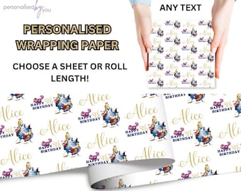 Papel de regalo personalizado con temática de Alicia en el País de las Maravillas FELIZ CUMPLEAÑOS. Agregue cualquier nombre y edad.