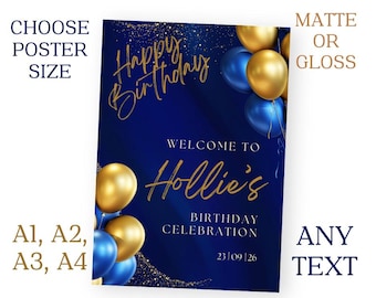 Personalised Birthday Navy Gold Party Sign Poster Banner ANY Names A1 A2 A3 A4 Free Delivery Any EVENT Party