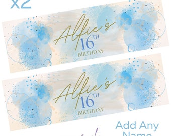 2 x Personalised Birthday Banners Large BEIGE Blue Add Name & Age Free Delivery 16th 18th 21st 30th 40th 50th 60th etc
