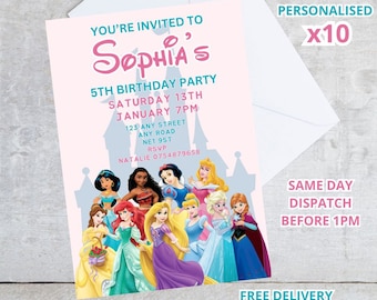 May include: Pink and blue birthday invitation with a castle silhouette and a group of Disney princesses. The invitation says "You're invited to Sophia's 5th Birthday Party, Saturday 13th January 7pm, 123 Any Street, Any Road, NE1 9ST, RSVP Natalie 0754879658."