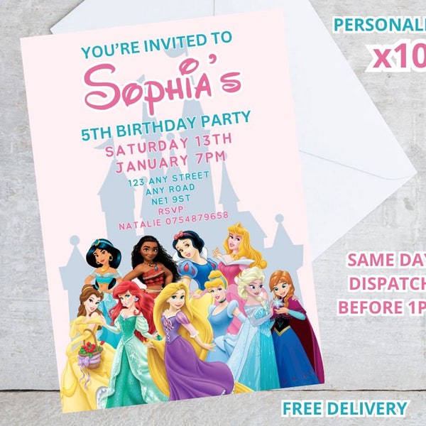 10 x Personalised PRINTED Disney Princess Pink Party Invitations Invites FREE DELIVERY