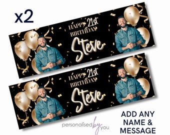 2 x Personalised Birthday Photo Banners Large Gold Black Add Name & Age Free Delivery