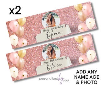 2 x Personalised Birthday Photo Banners Large Rose Gold Pink Add Name & Age Free Delivery