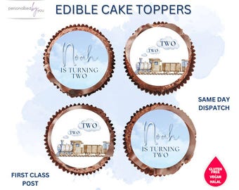 EDIBLE Cupcake Cake Toppers Personalised Blue Train Theme Birthday Theme Printed Icing or Rice Wafer 2"