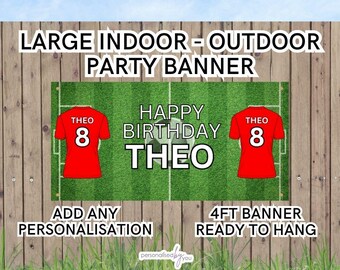 Personalised Football Theme RED Strip OUTDOOR INDOOR Birthday Banner Poster Large Add Name & Age Free Delivery 4FT