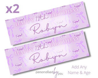 2 x Personalised Birthday Banners Large PURPLE BOWS Add Name & Age Free Delivery 16th 18th 21st 30th 40th 50th 60th etc