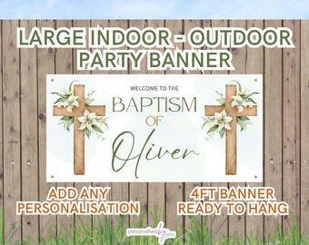 Banners personalizados para BAUTISMO AL AIRE LIBRE O INTERIOR. Gran tema de flores de salvia champán. Agregar nombre. 4 pies.