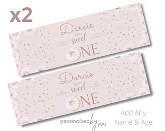 2 x Personalised Birthday 'is a sweet ONE ' Banners Large Pink Add Name & Age Free Delivery