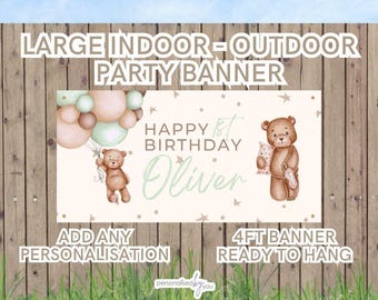 Personalised OUTDOOR INDOOR Birthday Banners Large Green Bear Balloon Theme Add Name & Age Free Delivery 4FT