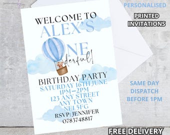 10 x Personalised PRINTED ONEderful Theme Blue Party Invitations Invites FREE DELIVERY