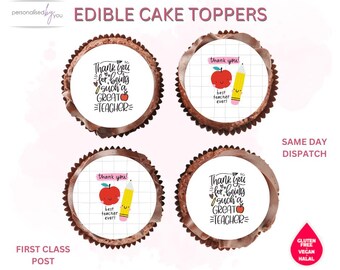 EDIBLE Cupcake Cake Toppers Thank You Teacher - Best Teacher Printed Icing 2" FREE DELIVERY