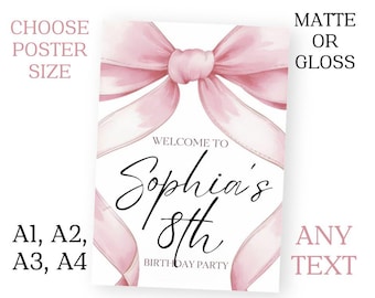 Personalised Pink Bow Birthday Party Sign Poster Banner ANY Names A1 A2 A3 A4 Free Delivery