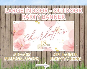 Personalised Pink Flowers Watercolour Theme Birthday OUTDOOR INDOOR Birthday Banner Poster Large Add Name & Age Free Delivery 4FT