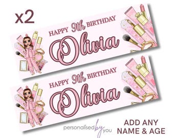 2 x Personalised Birthday Banners Large Makeup Theme BRUNETTE Hair Add Name & Age Free Delivery