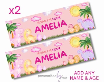 2 x Personalised PINK Dinosaur Birthday Banner LARGE Kids Party Poster Free Delivery