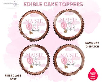 EDIBLE Onederful Cupcake Cake Toppers Personalised Pink Hot Air Balloon Balloon 1st Birthday Theme Printed Icing or Rice Wafer 2"