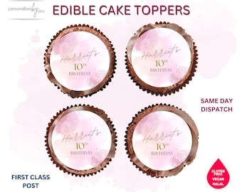 EDIBLE Cupcake Cake Toppers Personalised Pink Gold Birthday Theme Printed Icing or Rice Wafer 2"