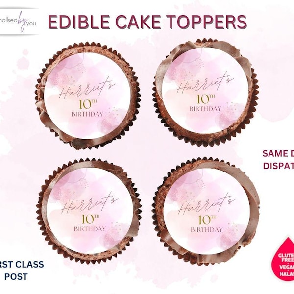 EDIBLE Cupcake Cake Toppers Personalised Pink Gold Birthday Theme Printed Icing or Rice Wafer 2"
