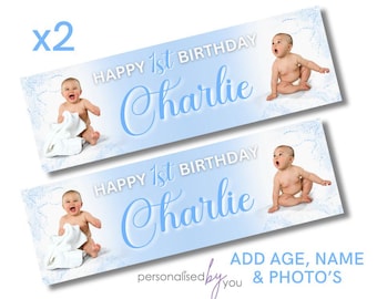 2 x Personalised Baby Birthday Baby Shower Banners Large Blue Add Photo ANY TEXT FREE Delivery