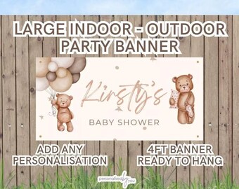Personalised OUTDOOR Baby Shower Banners Large BEIGE NEUTRAL Bear Theme Add Name & Age Free Delivery 4FT