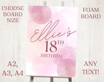 Letrero de bienvenida para eventos con flores de cumpleaños en espuma impresas en rosa ruborizado y dorado personalizado para BODAS, BAUTISMO, CUMPLEAÑOS, tamaño A1, A2, A3, A4