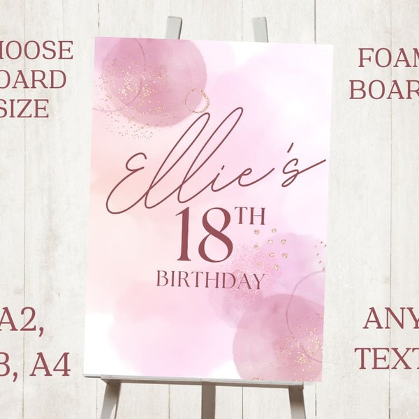 Personalised Printed Blush Pink & Gold Birthday Flowers Foam Board Event Welcome Sign WEDDING CHRISTENING BIRTHDAY A1 A2 A3 A4
