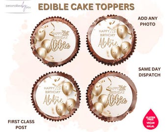 EDIBLE Cupcake Cake Toppers Personalised Gold Theme Birthday Printed Icing or Rice Wafer 2"