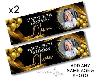 2 x Personalised Birthday Photo Banners Large Gold BLACK Add Name & Age Photo Free Delivery