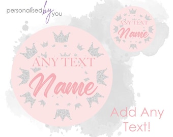 Personalised Crown Custom Round Printed Stickers Custom Birthday - Baby Shower Party FREE DELIVERY