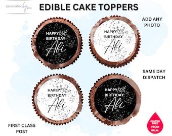 EDIBLE Cupcake Cake Toppers Personalised Black & Silver Glitter Birthday Theme Printed Icing or Rice Wafer 2"