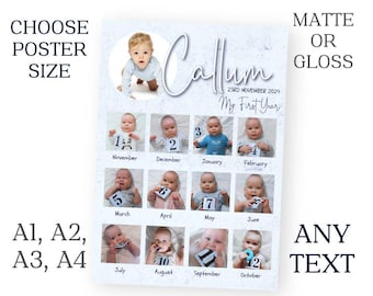 Personalised Party Sign 12 Months Of Photos Blue Poster 1st Birthday Banner A1 A2 A3 A4 Free Delivery