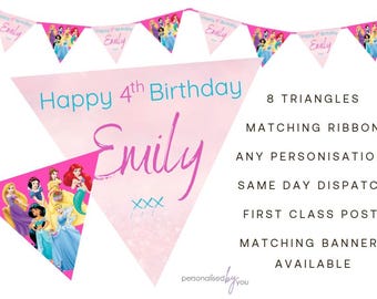 Personalised Disney Princesses Birthday Baby Shower Party Banner Decoration Bunting PINK FREE DELIVERY