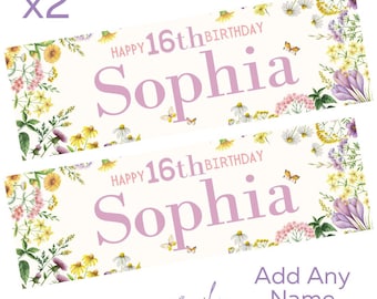 2 x Personalised Birthday Banners Large Wild Flowers Add Name & Age Free Delivery 16th 18th 21st 30th 40th 50th 60th etc Any Event
