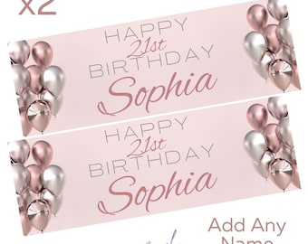 2 x Personalised Birthday Banners Large Pink & Silver Add Name Age Free Delivery