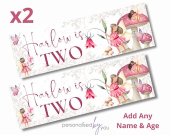 2 x Personalised Birthday Banners Large Fairy Cute Pink WOODLAND Theme Add Name & Age Free Delivery