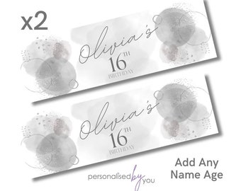 2 x pancartas de cumpleaños personalizadas, grandes, grises y plateados, agregue nombre y edad, entrega gratuita 16, 18, 21, 30, 40, 50, 60, etc.