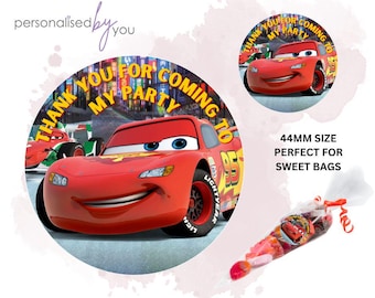 Etiquetas adhesivas redondas impresas de Cars Rayo McQueen para cumpleaños - Bolsas de dulces - Bolsas de fiesta con envío gratuito