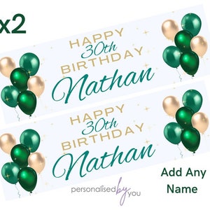2 x Personalised Birthday Banners Large Gold Sage Green Add Name & Age Free Delivery