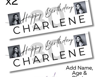 2 x Personalised Birthday Photo Banners Large Black White Add Name Age & Photo Free Delivery