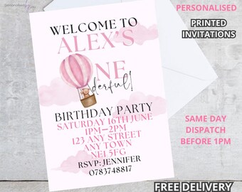 10 x Personalised PRINTED ONEderful Theme Pink Party Invitations Invites FREE DELIVERY