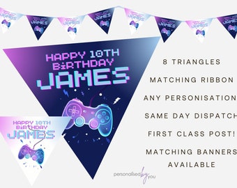 Personalised Gaming Theme Birthday Party Banner Decoration Bunting FREE DELIVERY