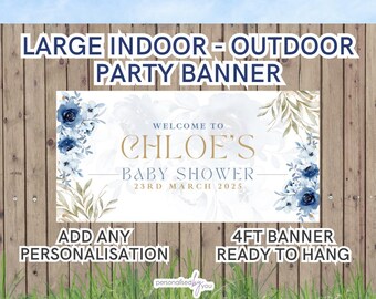 Personalised INDOOR OUTDOOR Baby Shower Banner Poster Large NAVY Gold Flowers Theme Add Name Free Delivery 4FT